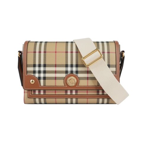 BURBERRY Note 經典格紋拼皮革翻蓋斜背包(石楠木棕色) 8092067 A9534
