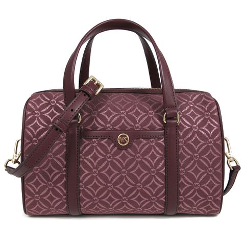 MICHAEL KORS TRAVEL 金字小圓標緹花LOGO暗紅色條飾波士頓兩用包(中款)