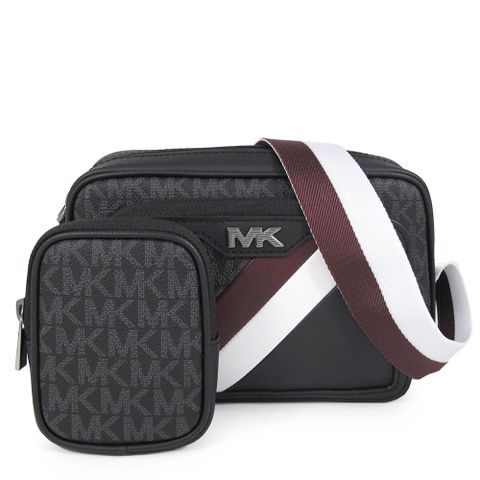 MICHAEL KORS RIVINGTON 黑X暗紅色防刮滿版寬帶二合一斜背包