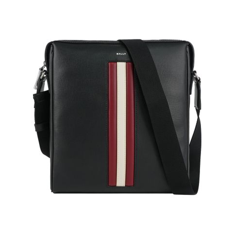 BALLY Mythos 紅白條紋再生牛皮拉鍊斜背包(黑色) 6308451