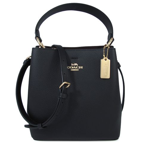 COACH SMALL TOWN 馬車LOGO黑色鵝卵石紋皮革三層水桶兩用包