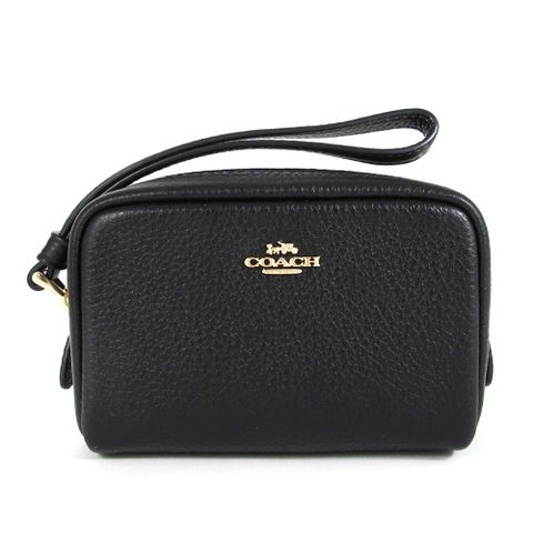 COACH 金馬車LOGO黑色鵝卵石紋皮革立體手掛小物包