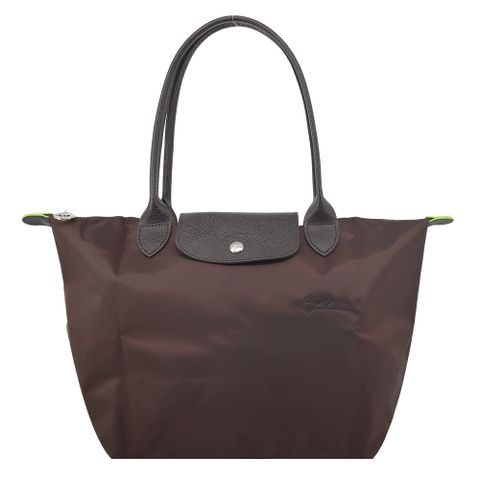 LONGCHAMP LE PLIAGE GREEN系列刺繡長把再生尼龍摺疊水餃包(中/摩卡棕)