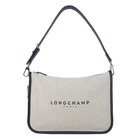 LONGCHAMP ESSENTIAL系列帆布LOGO字母肩背包(大/亞麻)