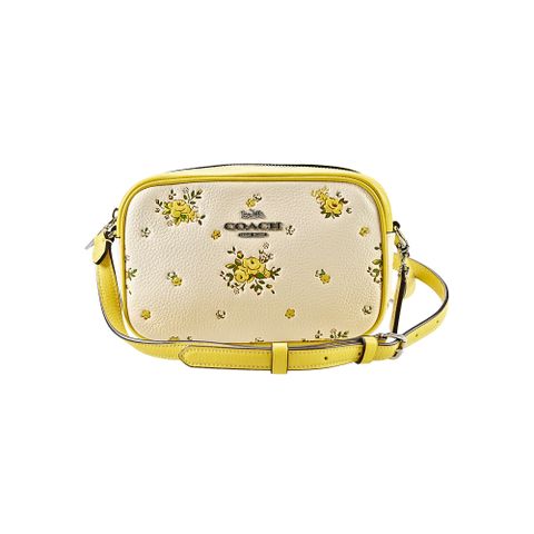 COACH鵝黃玫瑰印花雙色荔枝紋皮革小款斜背相機包