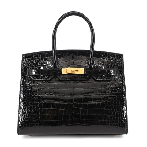 Hermes 愛馬仕 BIRKIN 30CM B刻 Porosus 倒V 鱷魚皮馬蹄印柏金包(黑/内裡黃/金釦)