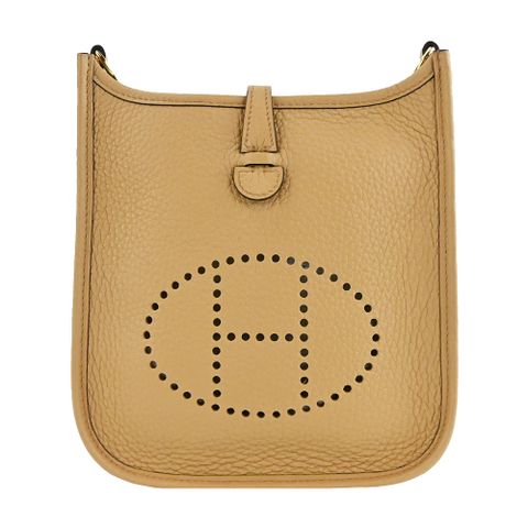 Hermes 愛馬仕 Evelyne 16cm T/C U刻 H LOGO迷你牛皮編織款背帶斜/肩背包(AH奶茶金/金釦)