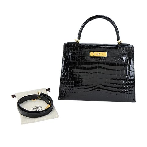 Hermes 愛馬仕 Kelly 28cm 鱷魚皮 U刻 手提/肩背凱莉包(89黑/金釦)
