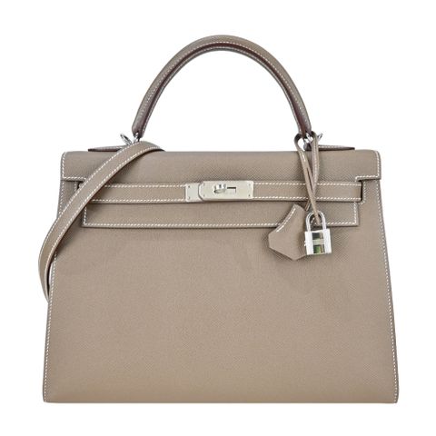 Hermes 愛馬仕 Kelly 32CM 18 EPSOM A年 牛皮手提/肩背凱莉包(18大象灰/銀釦)