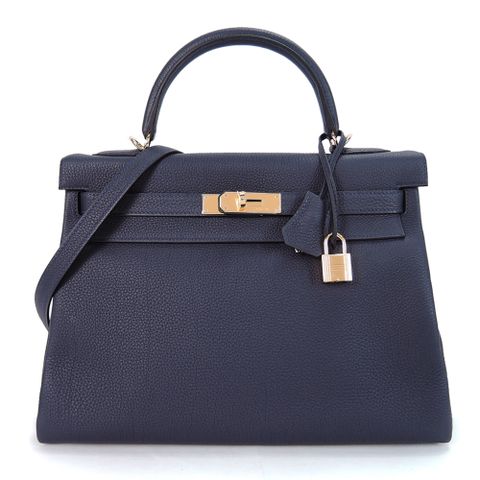 Hermes 愛馬仕 Kelly 32CM 2Z TAGO A年 牛皮手提/肩背凱莉包(深藍/金釦)