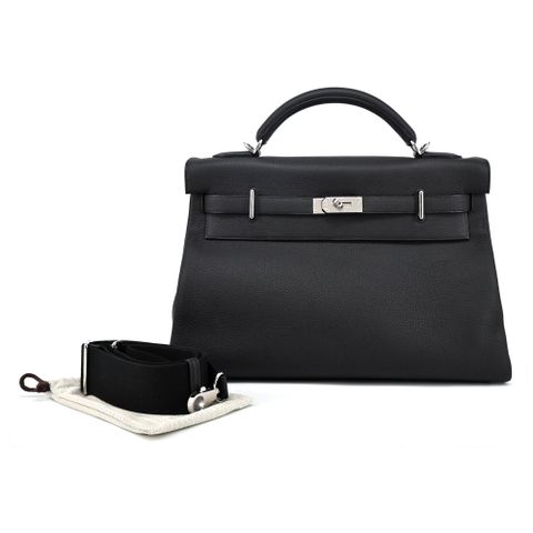 Hermes 愛馬仕 Maxi Kelly 42cm B刻 Togo牛皮男款兩用包(89黑/銀釦)