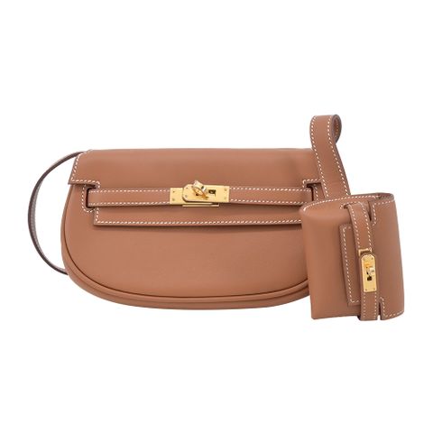 Hermes 愛馬仕 Kelly Moove W刻 Swift 小牛皮半月型多用途包(37駝金/金釦)