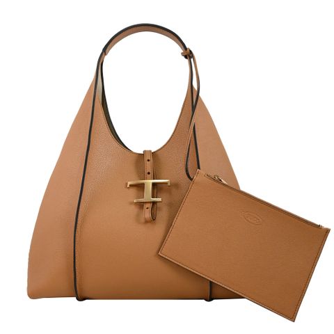 TODS T Timeless Hobo 金屬LOGO小牛皮肩背托特包.淺咖