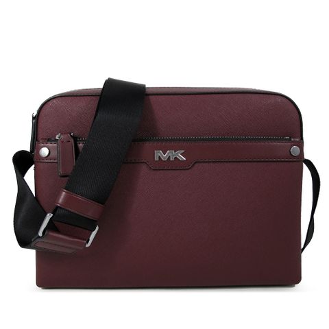 MICHAEL KORS RIVINGTON 銀字MK暗紅色防刮皮革寬帶斜背包(大款)