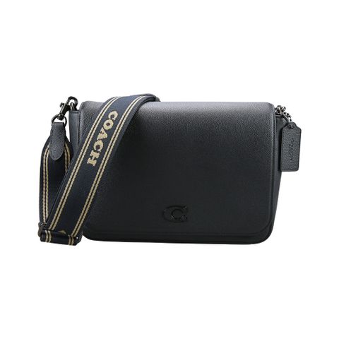 COACH黑色防刮皮雙背帶C字LOGO翻蓋斜背郵差包