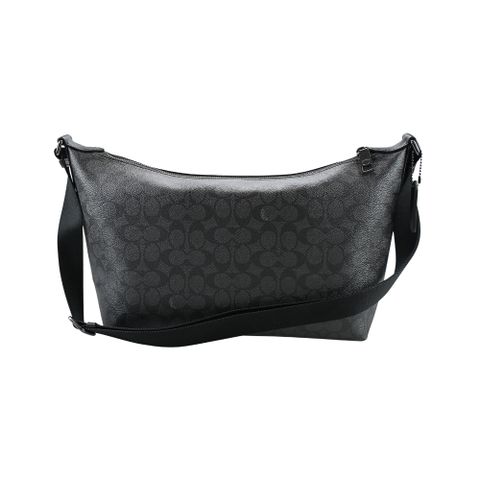 COACH碳黑C LOGO PVC後拉鍊袋大款水餃斜背男包