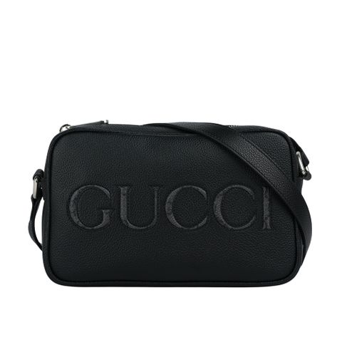 GUCCI 縫線Logo 素面皮革拉鍊迷你相機包(黑色) 768391 AACYX 8446