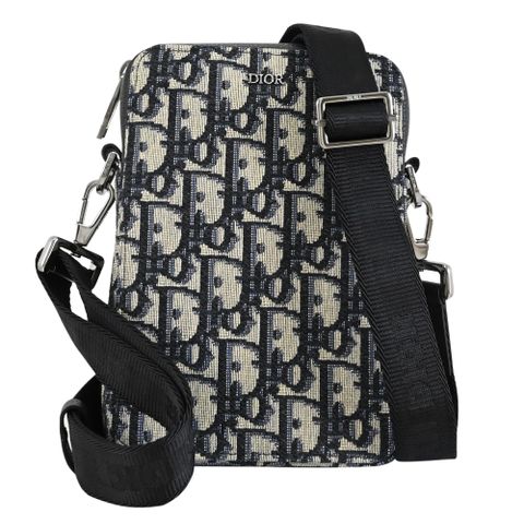 Christian Dior Vertical 滿版LOGO緹花斜背方包/手機包.深藍