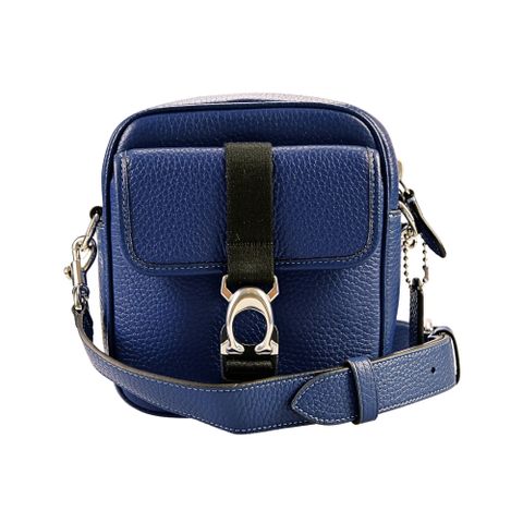 COACH 深藍色荔枝紋皮革前C字扣袋方形斜背男包