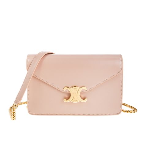 CELINE 新款亮面小牛皮TRIOMPHE 金釦LOGO鍊帶肩背包 (蜜桃粉)
