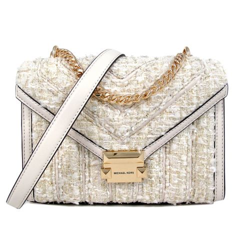 MICHAEL KORS WHITNEY 金字LOGO金蔥毛呢白色山型金鏈掀蓋肩斜兩用包(中款)