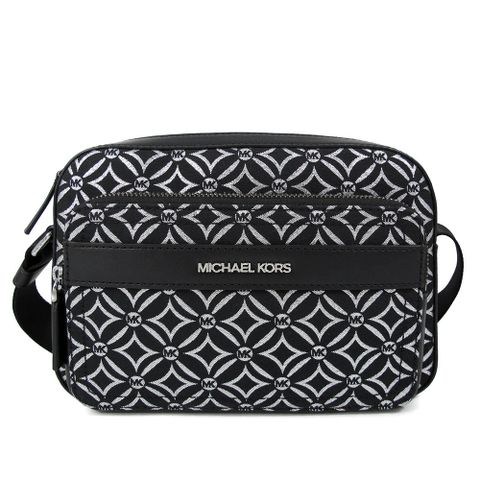 MICHAEL KORS COOPER 銀字LOGO銀絲緹花黑色橫式寬帶斜背包