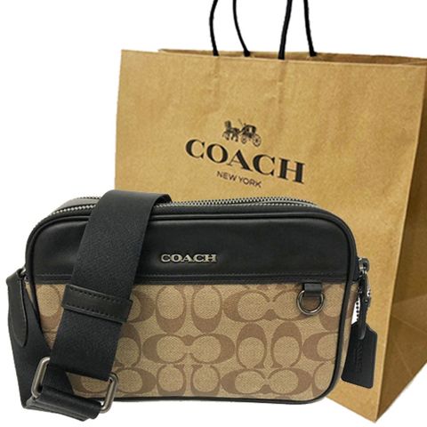 【COACH】C LOGO男款雙層斜背郵差包附原廠紙袋(焦糖/黑)
