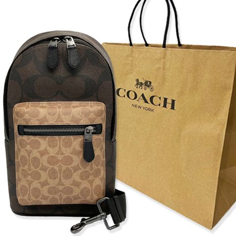 【COACH】新款C LOGO前拉鏈男款單肩胸前斜背包附原廠紙袋(焦糖/深咖)