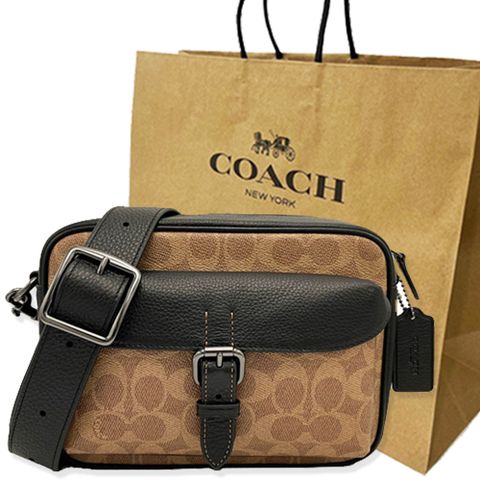 【COACH】WARNER C LOGO釦環中性男款郵差斜背包附原廠紙袋(焦糖/黑)