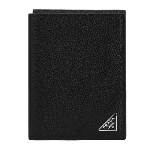 PRADA 2MO006 三角LOGO荔枝牛皮三折簡易小短夾.黑