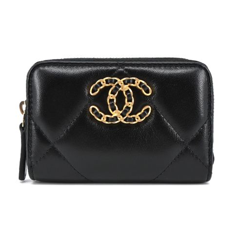 CHANEL 19系列經典金屬LOGO菱格紋小羊皮零錢包(黑色)