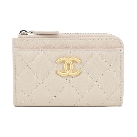 CHANEL 經典雙C復古LOGO 菱格紋牛皮拉鍊零錢包名片夾(白色)