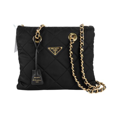 PRADA 三角牌Logo 再生尼龍菱格紋肩背托特包(黑色) 1BG468 2AOS F0002