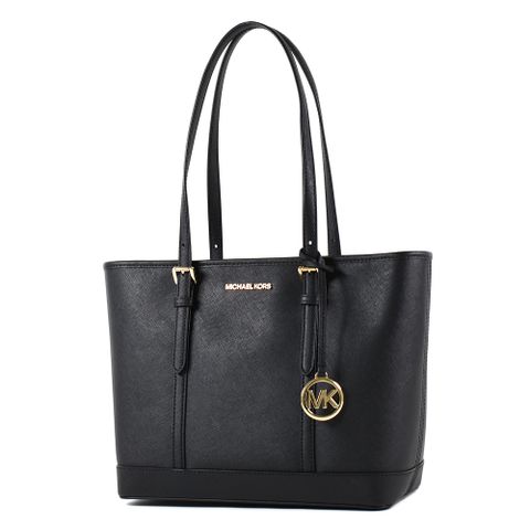 MICHAEL KORS JETSET 金字防刮皮革拉鍊托特包-黑/小