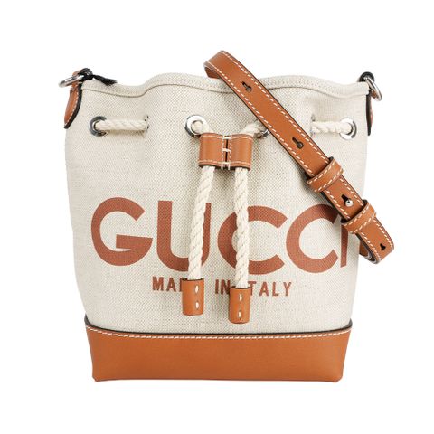 GUCCI Logo 標誌帆布及皮革迷你水桶包(米色/棕色) 777166 FACV3 8455