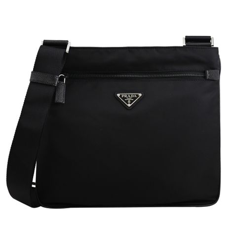 PRADA 2VH563 經典三角LOGO尼龍帆布皮飾邊斜背包.黑