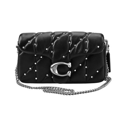 COACH TABBY高貴黑衍縫水晶綴飾全皮磁釦翻蓋斜背包