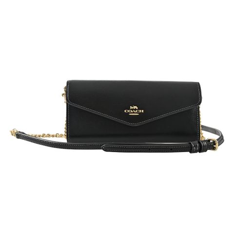 COACH經典黑灰全皮信封釦式翻蓋二合一WOC長夾/斜背包