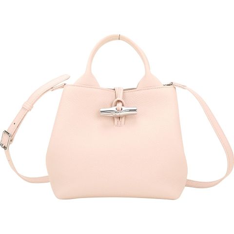 LONGCHAMP Le Roseau S 竹節鎖釦荔紋牛皮手提/肩斜背水桶包(芭蕾粉)