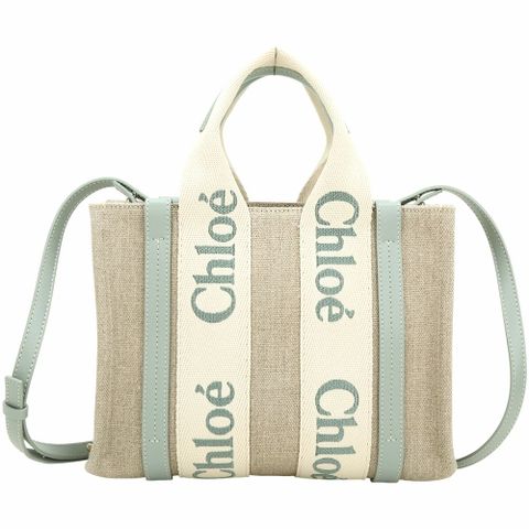 CHLOE Woody 蔻依 小型 字母刺繡織帶亞麻帆布手提/斜背托特包(藍綠皮革)
