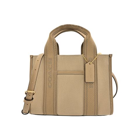 COACH SMITH 24 奶茶色LOGO字帆布織帶手提/斜背小款立體托特方包