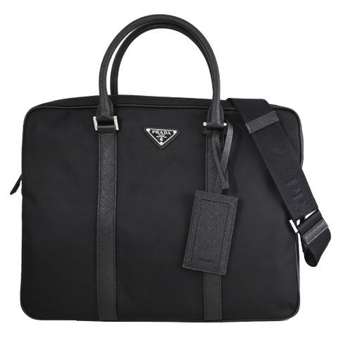 PRADA 2VE368 Re-Nylon Saffiano 三角LOGO兩用公事包.黑