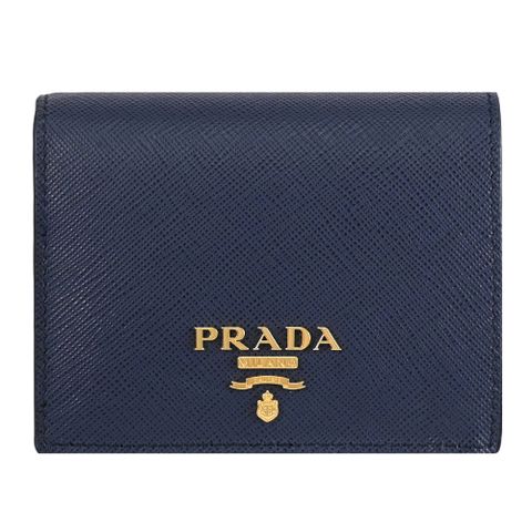 PRADA 1MV204 浮雕LOGO防刮皮革對開零錢短夾.海軍藍