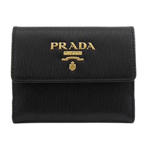 PRADA 1MH350 浮雕LOGO水波紋對開扣式迷你短夾.黑