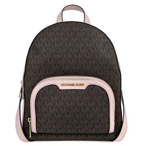 MICHAEL KORS JAYCEE 金字Logo咖啡色防刮滿版X粉色滾邊皮革雙層後背包(中款)