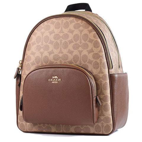 COACH 緹花LOGO雙側置物拉鍊後背包-棕褐
