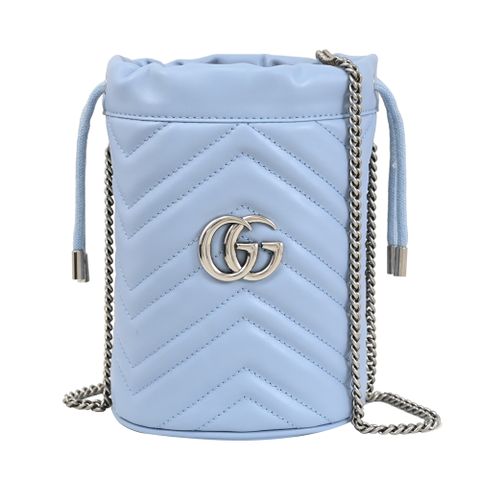 GUCCI 古馳 GG Marmont 經典束口斜背迷你水桶包.天藍