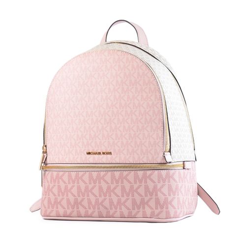 MICHAEL KORS RHEA 拚色緹花LOGO防刮雙拉鍊後背包-粉/白/中