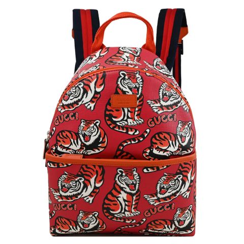 GUCCI 古馳 Kids 老虎印花休閒雙肩後背包.紅/橘邊