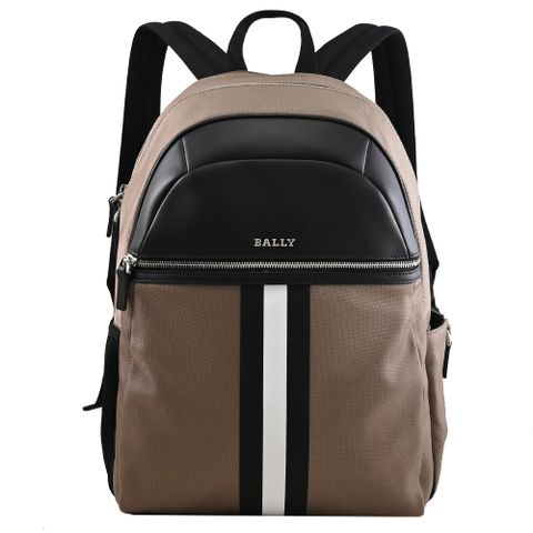 BALLY 6310069 TOLAND 經典條紋雙層拉鍊後背包.棕褐色
